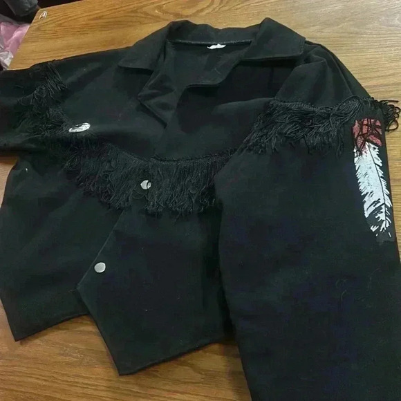 Fringe, cropped, hand painted feather sleeves, 100% cotton denim button coat Med - Picture 4 of 9